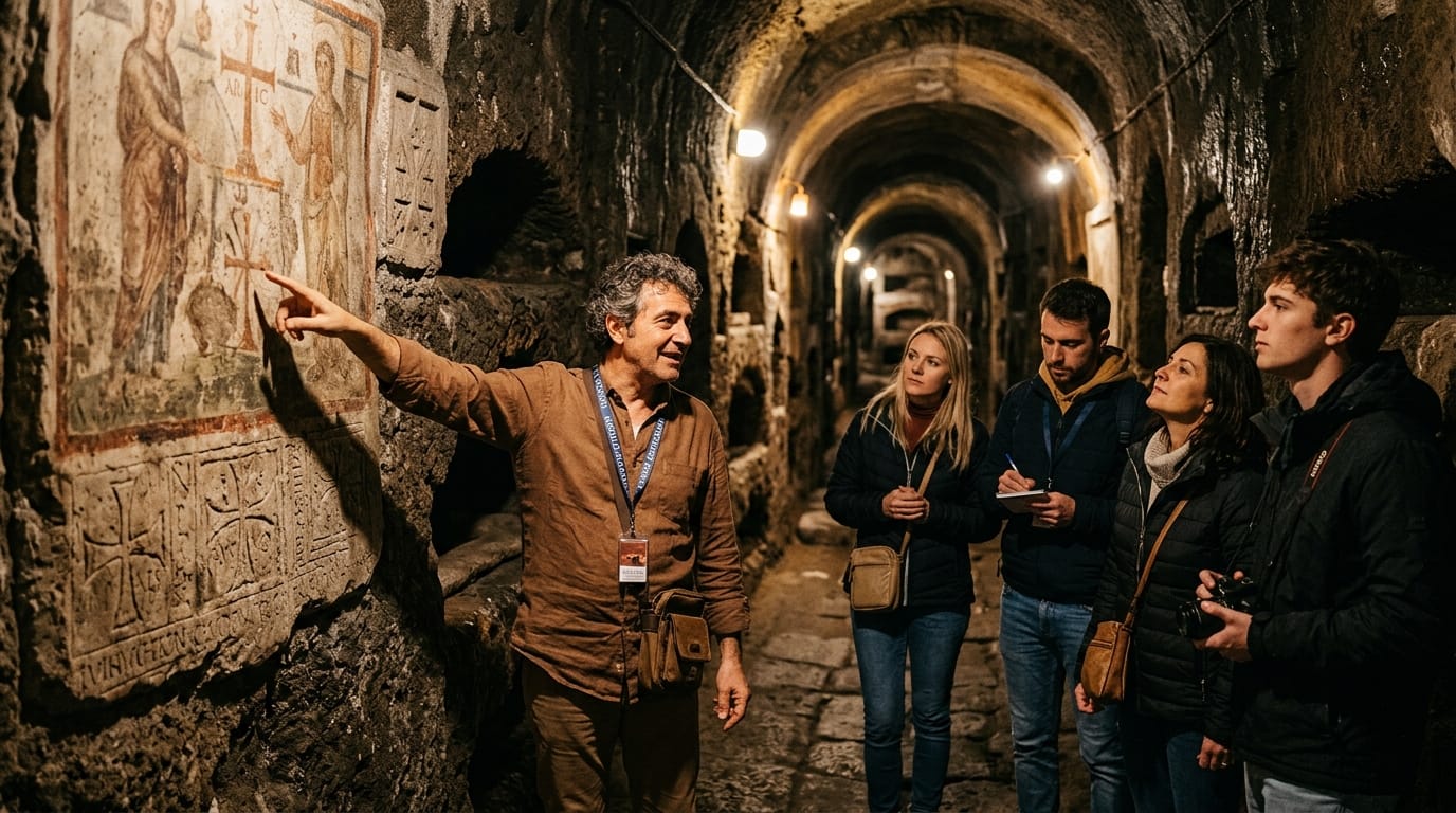 Vaulted tufa-stone gallery of the San Gennaro Catacombs with guided visitor group