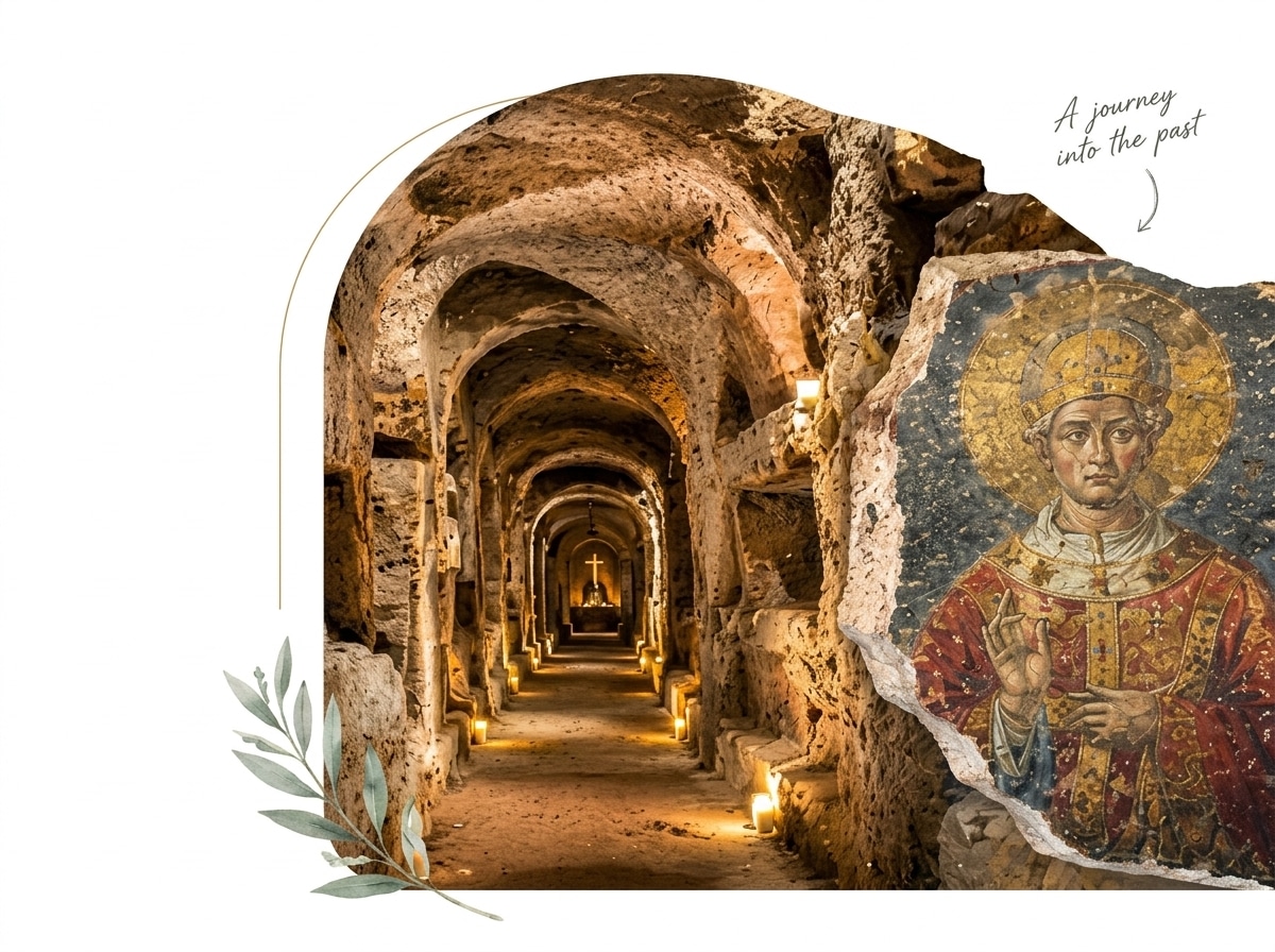 San Gennaro Catacombs vaulted corridor with glowing lanterns and ancient fresco of Saint Januarius