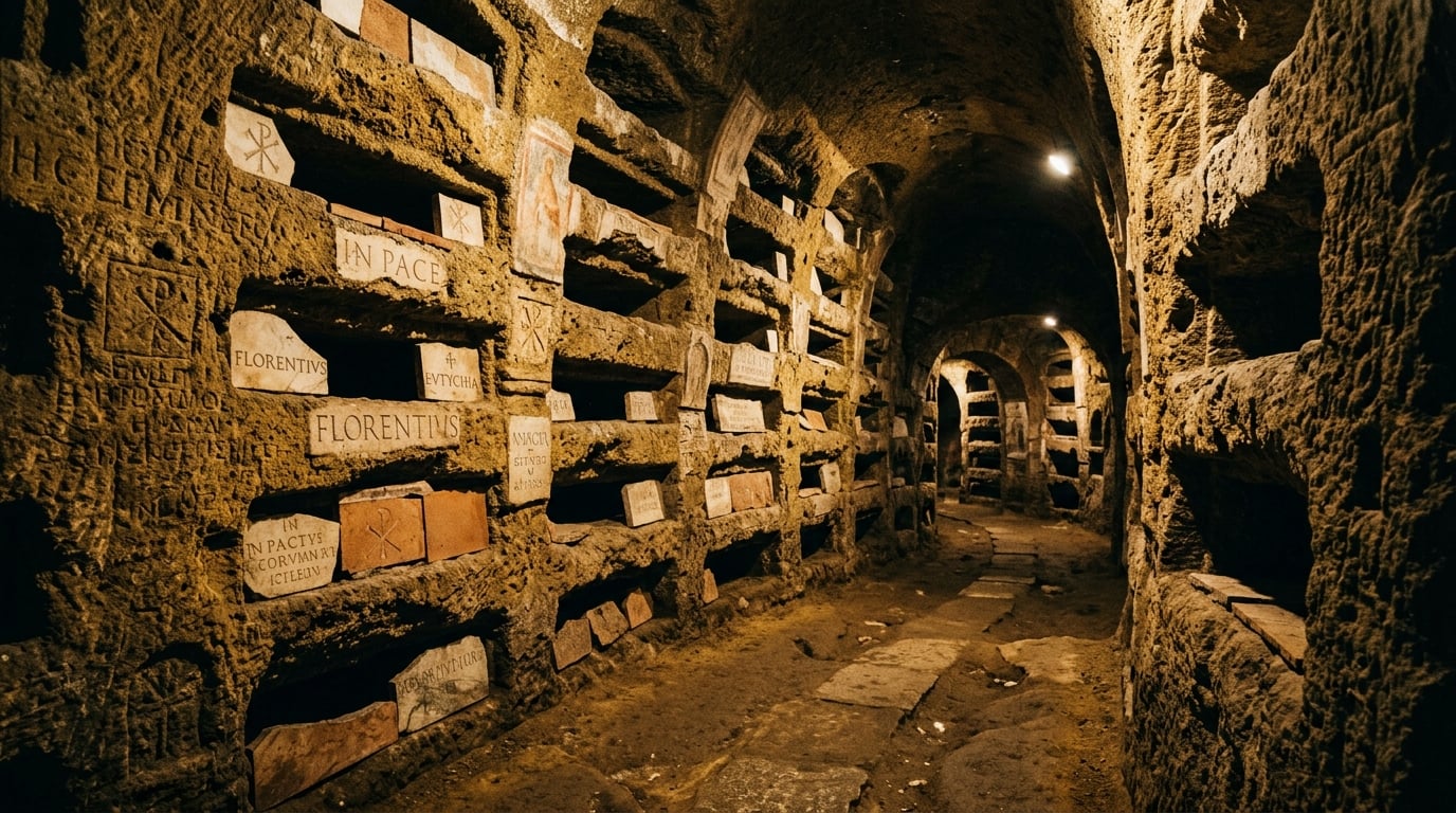 Ancient loculi burial niches carved into tufa stone